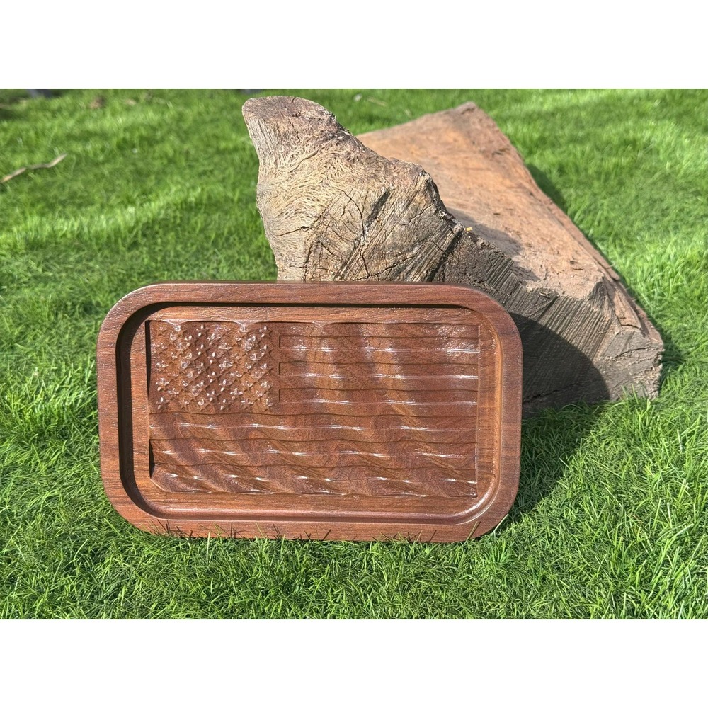 Handcrafted 3D Wavy American Flag Tray Solid Walnut Wood Catchall Valet Dish USA